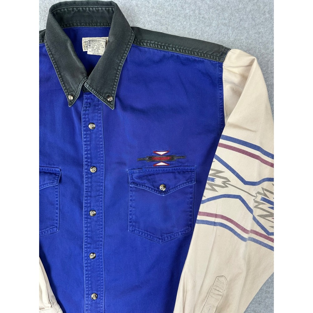 Vintage Express Rider Western Shirt Blue Aztec Print Colorblock Cotton Mens L
